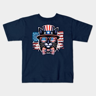 Black Cat Uncle Sam Hat Sunglasses American Flag 4th of July Kids T-Shirt